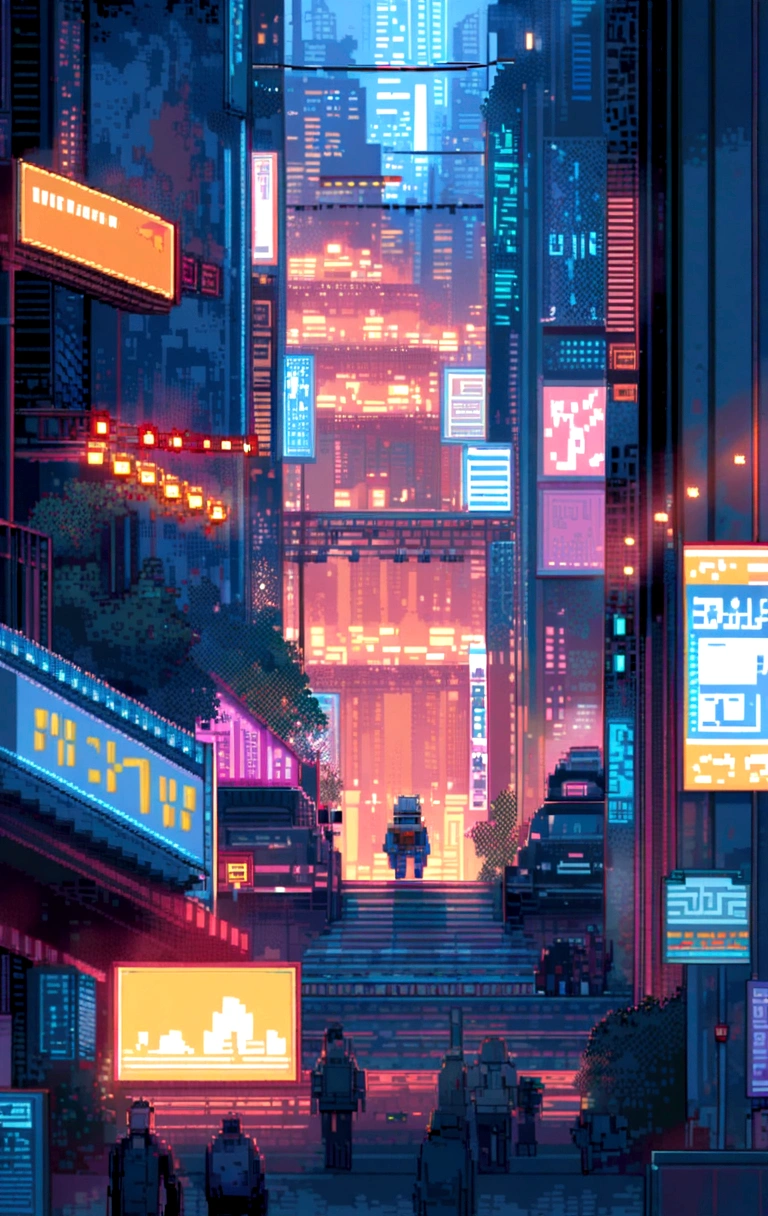 element: Pixel art characters running through a pixelated cyberpunk city. Towering Buildings, Moving holograms and flying cars make up the scene.. The characters are accompanied by pixel-art robots that move in time with the music..

• color: Dark blue and orange with orange dots, Green and blue neon lights.