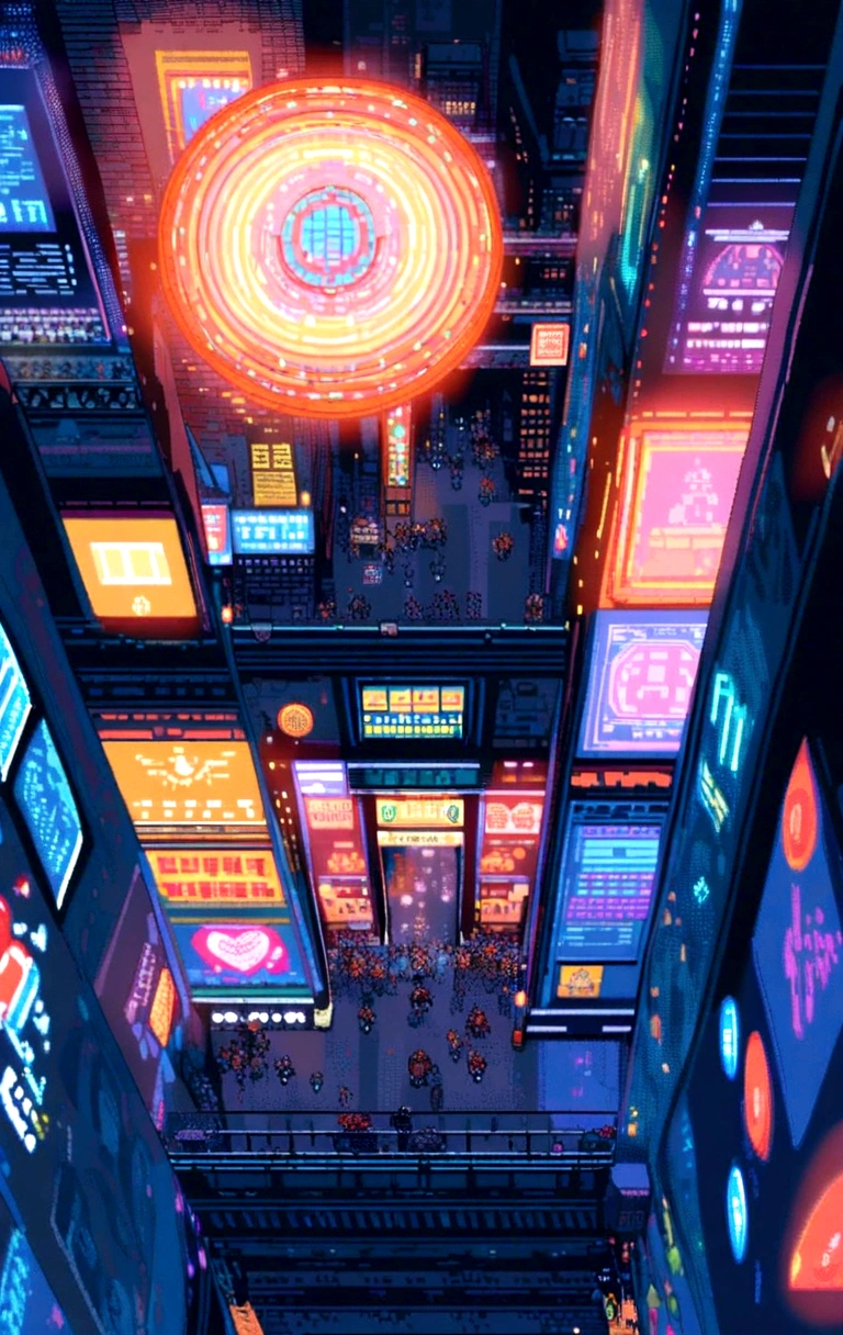 element: Pixel art characters running through a pixelated cyberpunk city. Towering Buildings, Moving holograms and flying cars make up the scene.. The characters are accompanied by pixel-art robots that move in time with the music..

• color: Dark blue and orange with orange dots, Green and blue neon lights.