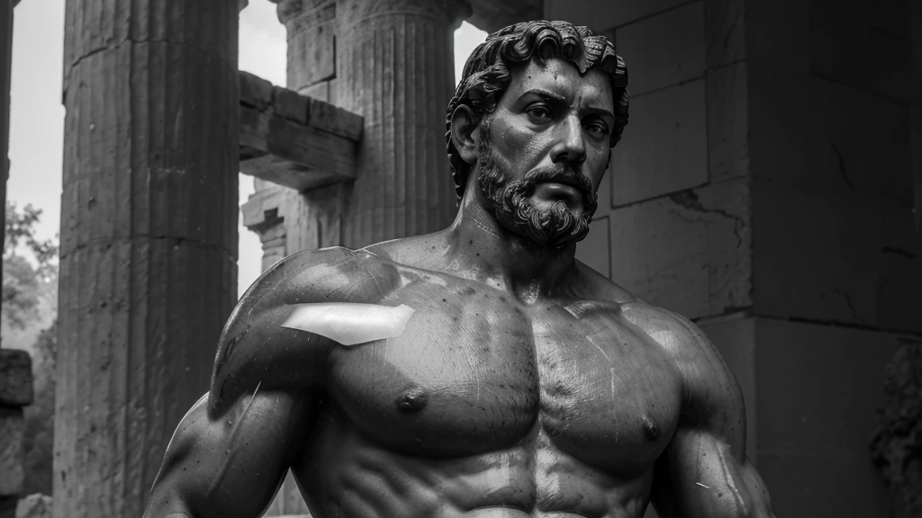 a portrait statue of the stoic Marcus Aurelius in black and white 4K, Super realistic ANCIENT GREEK RUINS, fully body, corpo stark, brawny, stark, wearing no shirt, tronco stark, stark, wearing no shirt, strong arms, 8K, ultra realisitic, cinematographic
