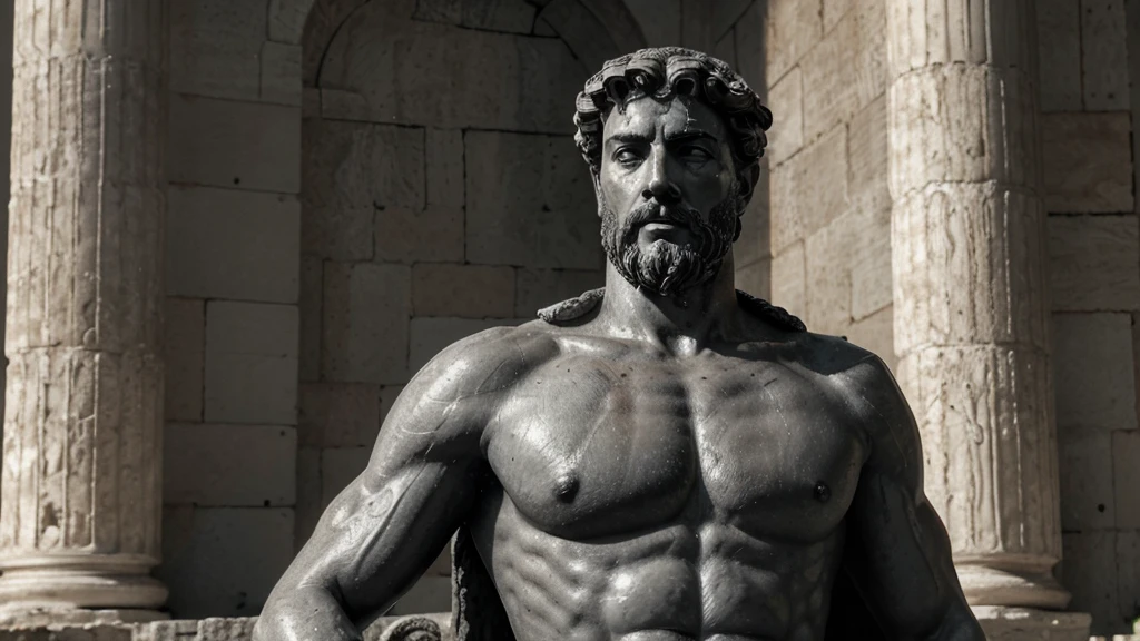 a portrait statue of the stoic Marcus Aurelius in black and white 4K, Super realistic ANCIENT GREEK RUINS, fully body, corpo stark, brawny, stark, wearing no shirt, tronco stark, stark, wearing no shirt, strong arms, 8K, ultra realisitic, cinematographic
