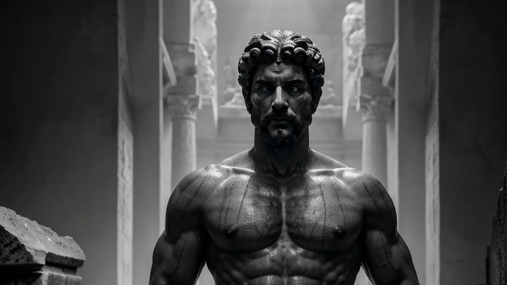 a portrait statue of the stoic Marcus Aurelius in black and white 4K, Super realistic ANCIENT GREEK RUINS, fully body, corpo stark, brawny, stark, wearing no shirt, tronco stark, stark, wearing no shirt, strong arms, 8K, ultra realisitic, cinematographic