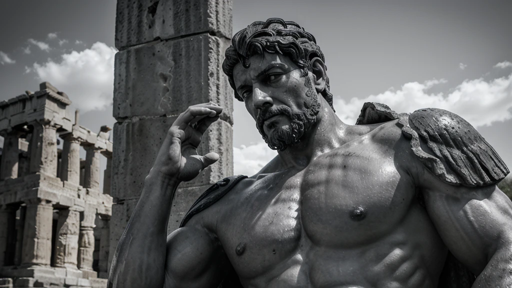 a portrait statue of the stoic Marcus Aurelius in black and white 4K, Super realistic ANCIENT GREEK RUINS, fully body, corpo stark, brawny, stark, wearing no shirt, tronco stark, stark, wearing no shirt, strong arms, 8K, ultra realisitic, cinematographic