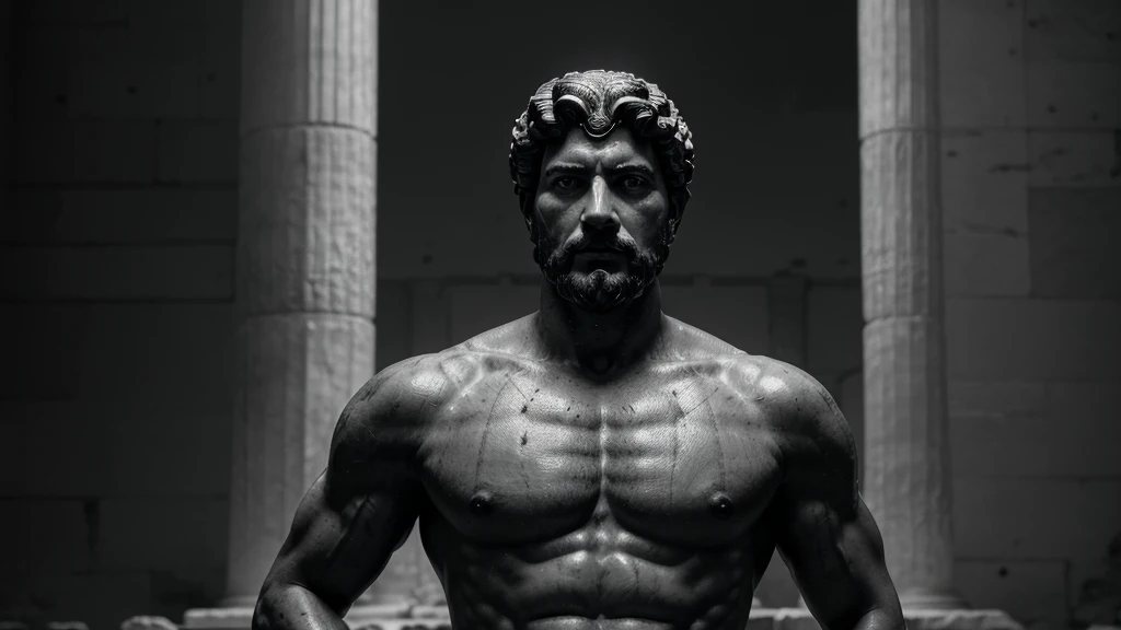 a portrait statue of the stoic Marcus Aurelius in black and white 4K, Super realistic ANCIENT GREEK RUINS, fully body, corpo stark, brawny, stark, wearing no shirt, tronco stark, stark, wearing no shirt, strong arms, 8K, ultra realisitic, cinematographic
