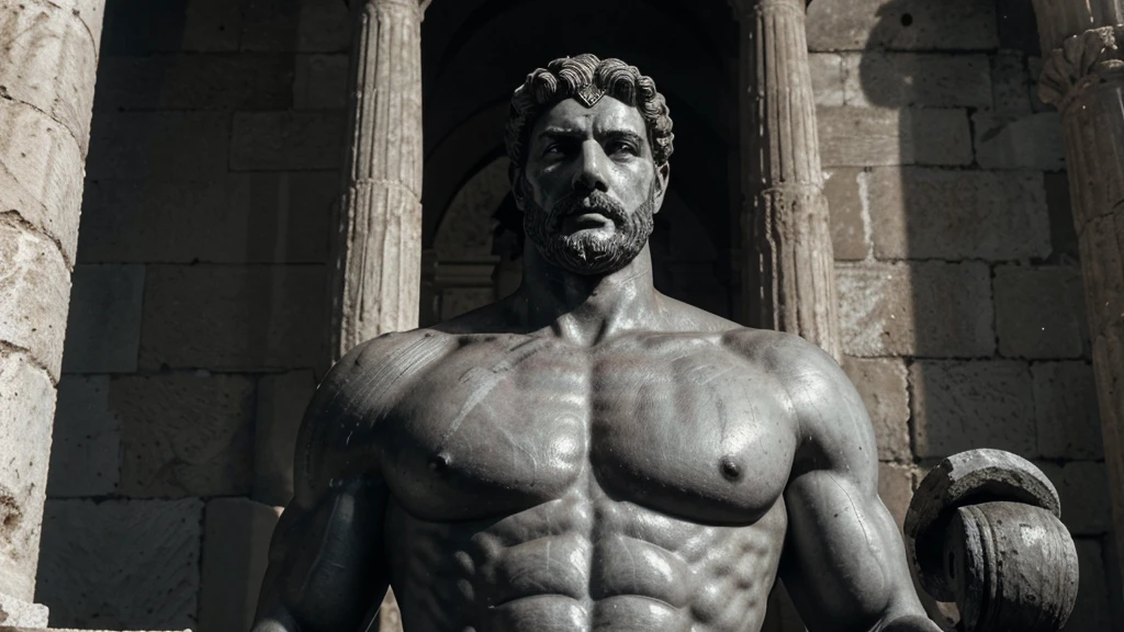 a portrait statue of the stoic Marcus Aurelius in black and white 4K, Super realistic ANCIENT GREEK RUINS, fully body, corpo stark, brawny, stark, wearing no shirt, tronco stark, stark, wearing no shirt, strong arms, 8K, ultra realisitic, cinematographic