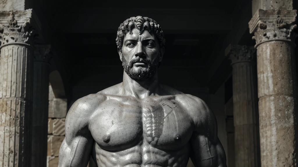 a portrait statue of the stoic Marcus Aurelius in black and white 4K, Super realistic ANCIENT GREEK RUINS, fully body, corpo stark, brawny, stark, wearing no shirt, tronco stark, stark, wearing no shirt, strong arms, 8K, ultra realisitic, cinematographic