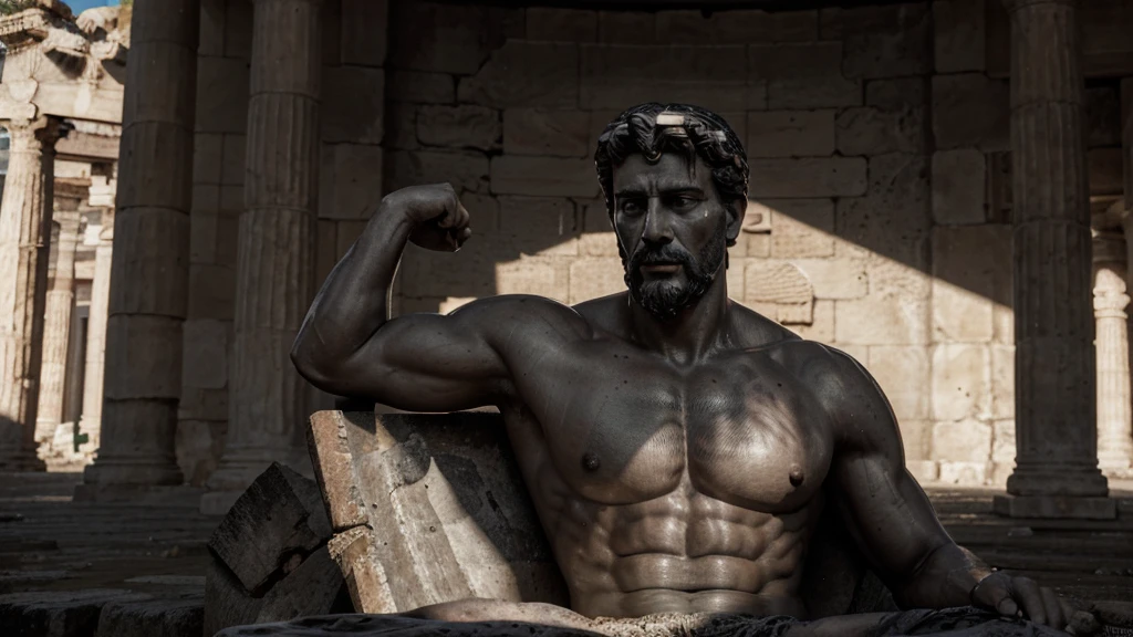 a portrait statue of the stoic Marcus Aurelius in black and white 4K, Super realistic ANCIENT GREEK RUINS, fully body, corpo stark, brawny, stark, wearing no shirt, tronco stark, stark, wearing no shirt, strong arms, 8K, ultra realisitic, cinematographic