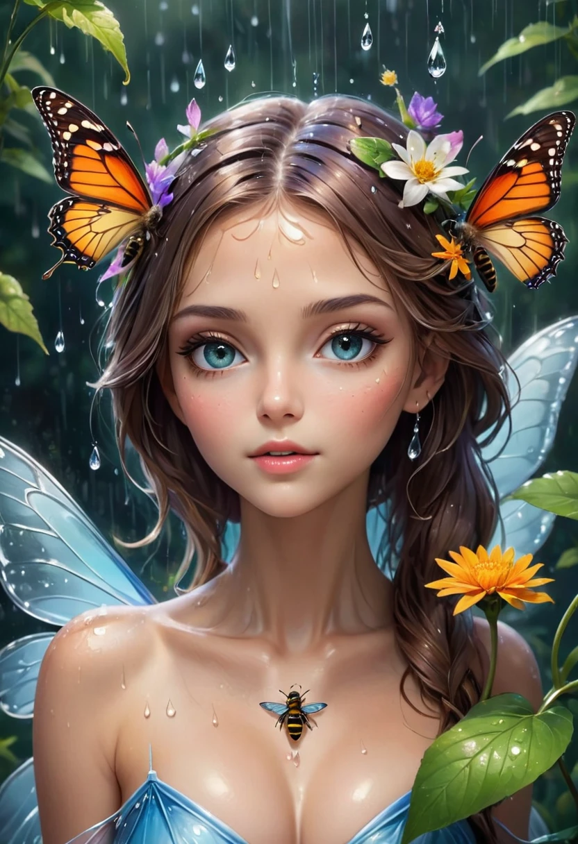 Create a gallery of the most beautiful and special and impressive and excellent and unique and extremely charming and attractive and beautiful forms of beauty. A masterpiece of art, a beautiful girl, a fairy, a butterfly, a bee, a flower, a leaf, a drop of water, a drop of rain, a special and symmetrical shape, a curved and beautiful shape, which It's a masterpiece.
