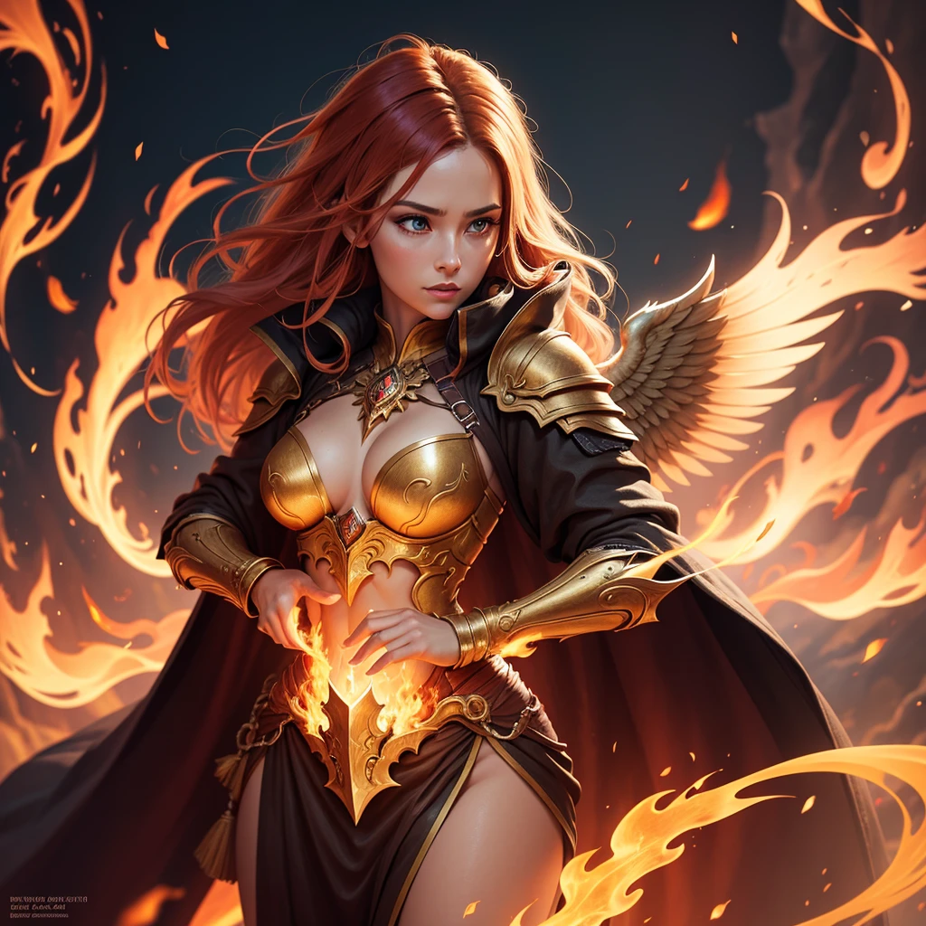 Closeup of a woman with fire and flames on her body, with fiery golden wings of flame, with fiery golden wings, Epic fantasy art style., conceptual art | germ of art, phoenix warrior, extremely detailed germ of art, Epic fantasy digital art style., female lord of change, full portrait of elementalist, Exquisite and epic character art.