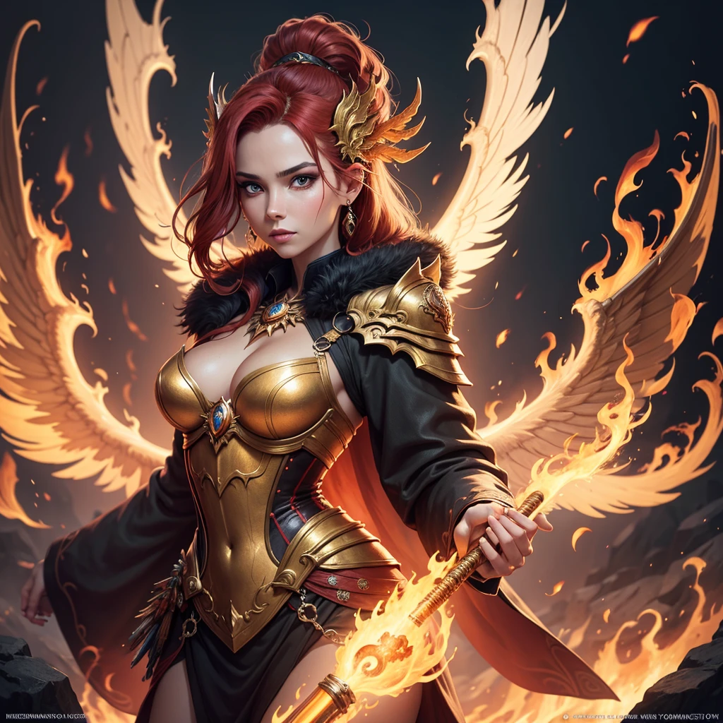 Closeup of a woman with fire and flames on her body, with fiery golden wings of flame, with fiery golden wings, Epic fantasy art style., conceptual art | germ of art, phoenix warrior, extremely detailed germ of art, Epic fantasy digital art style., female lord of change, full portrait of elementalist, Exquisite and epic character art.