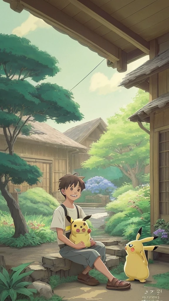 A Studio Ghibli style image featuring a young boy sitting in front of a rustic, wooden house with Pikachu. The scene is drawn with an anime touch, emphasizing detailed and distinctive shading. The background includes lush greenery, various potted plants, and a dirt path leading to the house. The setting is illuminated by a warm, golden light, creating a magical and serene atmosphere. The boy is holding a small tree branch and smiling at Pikachu, who is sitting on his lap. The overall composition captures a peaceful, everyday moment in a tranquil, enchanted world, characteristic of Studio Ghibli's iconic style. The image has a slightly faded and nostalgic look, reminiscent of classic Ghibli films, with soft and muted colors