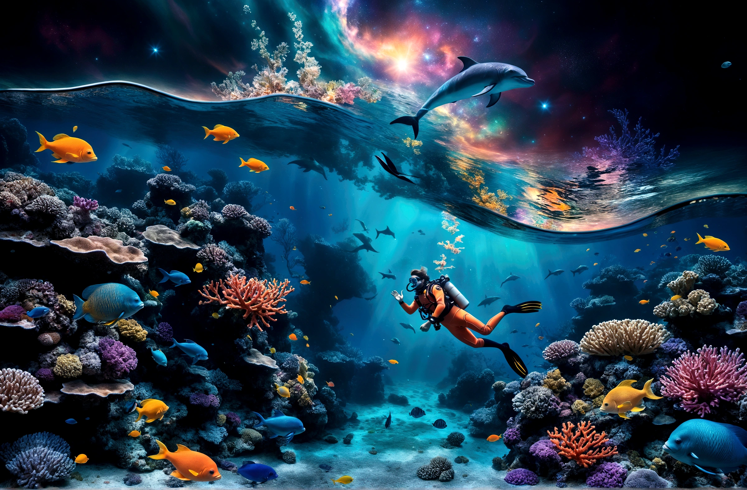 the image showcases a hyper-realistic and fantastical style, blending elements of underwater photography with digital art touches.(( A detailed diver in full gear explores a vibrant coral reef )), surrounded by multicolored fish that emit pulsating lights. (( Small bioluminescent creatures dance around the diver, leaving luminous trails behind them )). only one dolphin, gracefully leaping above the water toward the upper center of the image, leaves a trail of stardust in its wake. ( Ethereal bubbles reflecting the cosmic sky gently float around the underwater scene ), while bioluminescent orbs drift in the water, emitting a soft bluish light and creating mystical reflections. The dense and colorful coral reef occupies much of the center of the image, while the background shows a transition between the ocean and a spectacular starry sky, with luminous galaxies and nebulae. Silhouettes of mythical creatures, such as mermaids or aquatic dragons, can be seen in the background. The depth of field is vast, allowing for clear sharpness of both near and distant elements, giving a sense of immensity and depth to the image. Dominant colors include deep blues of the ocean, vibrant oranges and yellows of the fish, and purples and pinks of the galaxies and corals. These contrasting colors enhance the fantastical and dreamlike quality of the image. The composition follows a diagonal from the bottom left to the top right, guiding the viewer's eye from the diver and corals to the dolphin and the cosmic sky. This diagonal reinforces the dynamism of the scene. Finally, a shimmering mist envelops the scene, giving it an ethereal quality, almost like a dream.