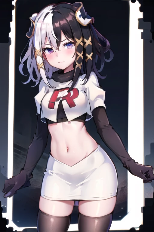 zesshi zetsumei, 1girl,solo, team rocket,team rocket uniform,white skirt,red letter R,crop top,black thigh-highs,black elbow gloves