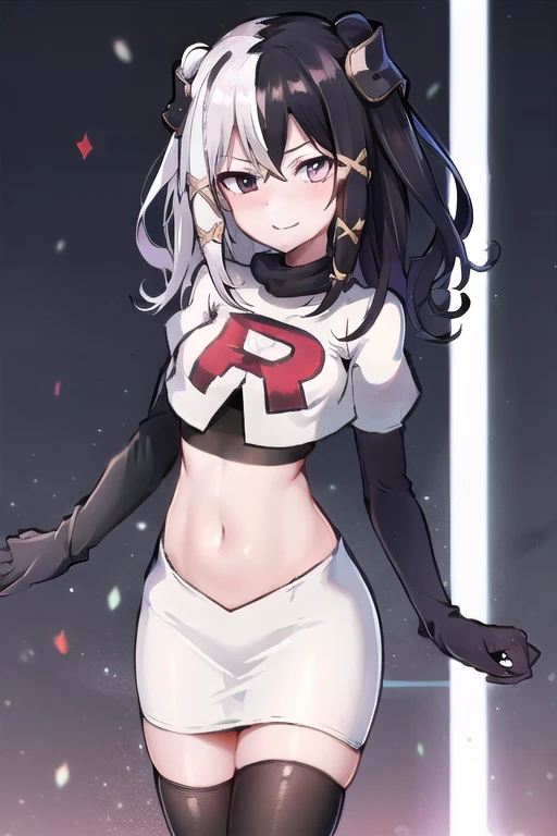 zesshi zetsumei, 1girl,solo, team rocket,team rocket uniform,white skirt,red letter R,crop top,black thigh-highs,black elbow gloves
