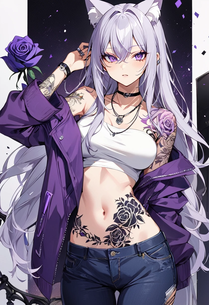 1girl, silver long hair, silver cat ears, bright purple eyes, wearing purple jacket, wearing white undershirt, wearing dark blue jean pants, wearing a necklace with a ring, exposing shoulders, bold tattoos, rose tattoos, purple roses tattoos, full sleeve tattoos
