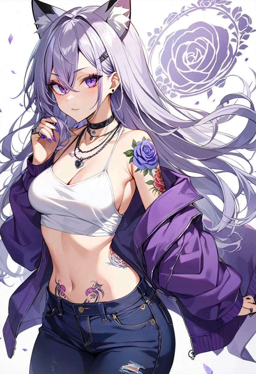 1girl, silver long hair, silver cat ears, bright purple eyes, wearing purple jacket, wearing white undershirt, wearing dark blue jean pants, wearing a necklace with a ring, exposing shoulders, bold tattoos, rose tattoos, purple roses tattoos, full sleeve tattoos