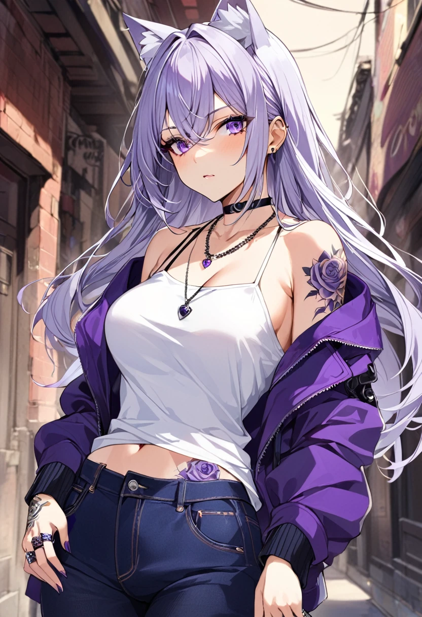 1girl, silver long hair, silver cat ears, bright purple eyes, wearing purple jacket, wearing white undershirt, wearing dark blue jean pants, wearing a necklace with a ring, exposing shoulders, bold tattoos, rose tattoos, purple roses tattoos, full sleeve tattoos