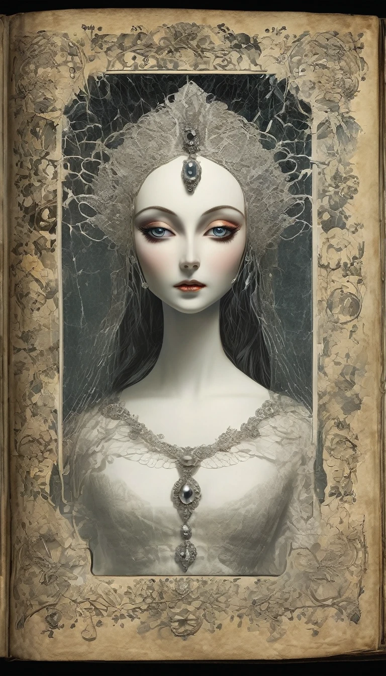 An antique book opened to an illustration of the White Lady, her piercing eyes staring at the viewer as if ready to escape from the pages.