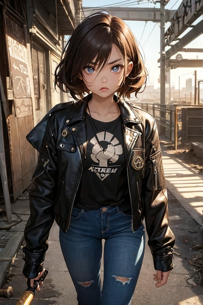 1 female, fierce, post-apocalyptic dessert, young ???, asian, spiked baseball bat, cute, Leather jacket, hourglass figure, light brown hair, blue pupils, pout, best quality.