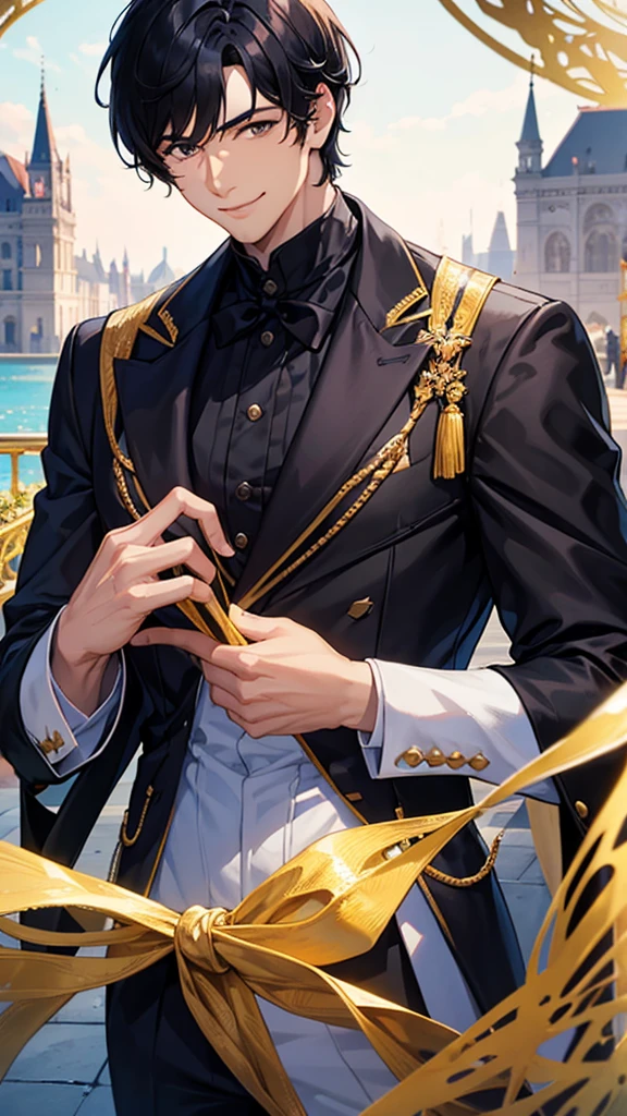 A handsome man with black hair smiling in a spectacular location