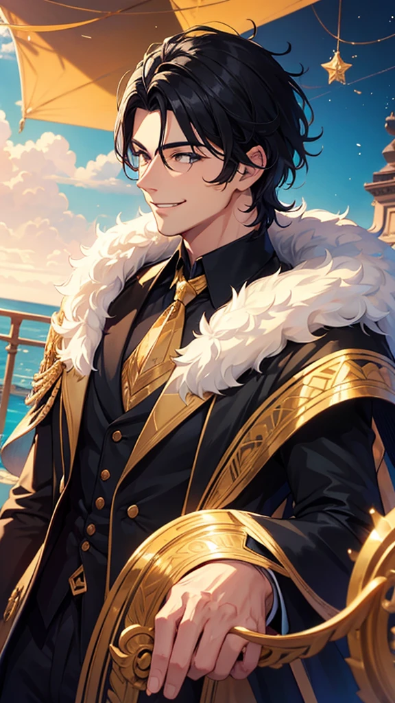A handsome man with black hair smiling in a spectacular location