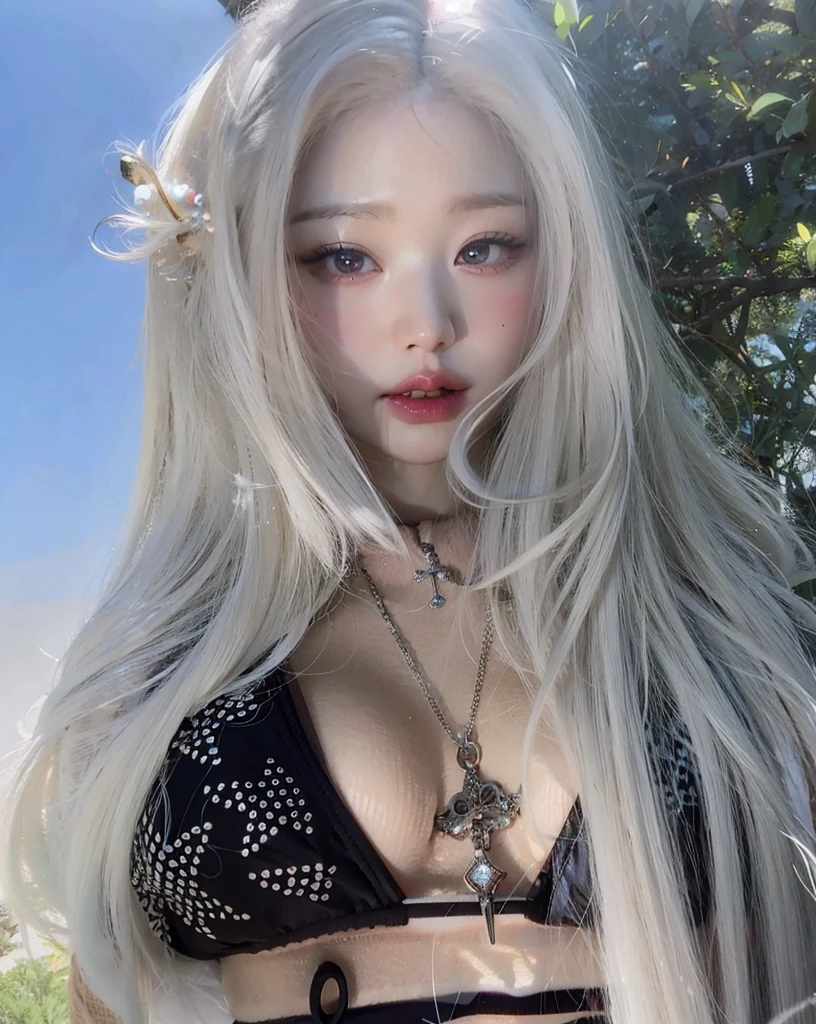 1 miniature Beautiful beautiful woman - Yuan Sayuki, ((top quality, 8K, Masterpiece:1.retty woman, 1 woman, huge breasts:1.3, a slim body:1.1, lush white long hair, (shower, wet body, wet clothes:1.1), very detailed face, detailed lips, detailed eyes, double eyelids, Detailed blue eyes, чрезвычайно Detailed Outstanding Blue Eyes, white wet hair, white wet hair, Detailed Outstanding Blue Eyes, innocent look at the viewer, very wet wavy white hair, Detailed Outstanding Blue Eyes, huge cross earrings, Outdoors, badges behind, gothic wedding uniform, sexy gothic style wedding dress with veil, bare chest, huge chest tattoo wearing a wreath, detailed huge earrings, chest tattoo, Outside - there are trees and a buddhist temple in the background, wear a silver cross (Detailed cross shape), reality mode, wet breasts, black necklace, black wedding dress and black veil, human crowd behind, head/forehead chain veil, black latex gloves, naked breasts, naked breasrs, naked nipples, hair of white snowy colour