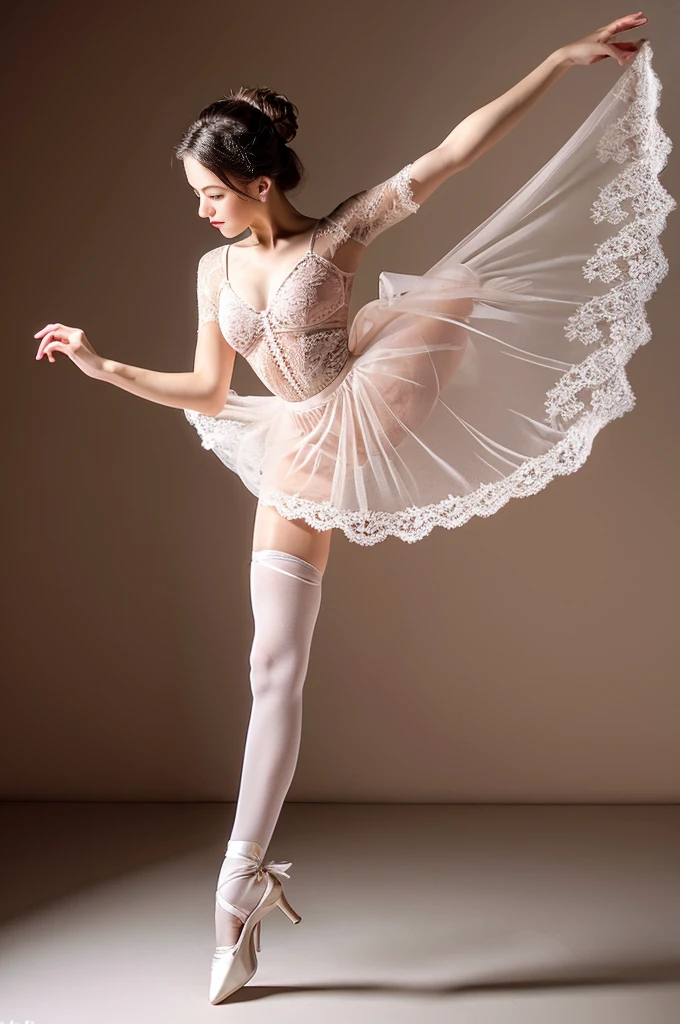 ballerina, A beautiful swan-like figure, (Highest quality,16K,Highest Resolution,Tabletop:1.2),Very detailed,(Realistic,Realistic,Realistic:1.37), flexible legs, 23-year-old woman, Random hairstyle, Accentuate your waistline, Light background, Flexibility is key, Sheer lace ballet suit, White Pantyhose, Pink tutu, Demonstrates leg flexibility, Sheer lace ballet skirt,