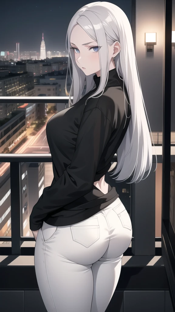 A young woman with silver hair, grey eyes, pale skin, medium sized breasts, and medium butt. She is wearing a black sweatshirt and white jeans. She is looking at the viewer with a serious face.  The setting is the balcony of a luxurious apartment with the night city in the background. 