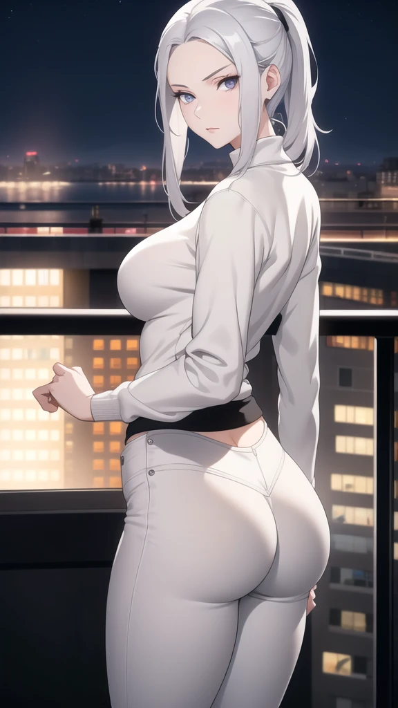 A young woman with silver hair, grey eyes, pale skin, medium sized breasts, and medium butt. She is wearing a black sweatshirt and white jeans. She is looking at the viewer with a serious face. The setting is the balcony of a luxurious apartment with the night city in the background.