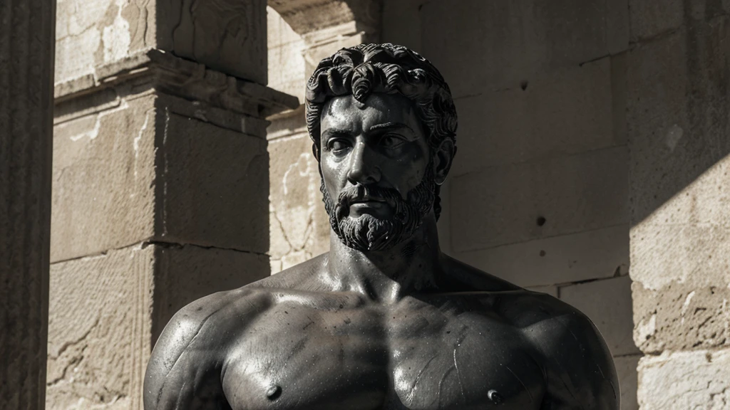 a portrait statue of the stoic Marcus Aurelius in black and white 4K, Super realistic ANCIENT GREEK RUINS, fully body, corpo stark, brawny, stark, wearing no shirt, tronco stark, stark, wearing no shirt, strong arms, 8K, ultra realisitic, cinematographic