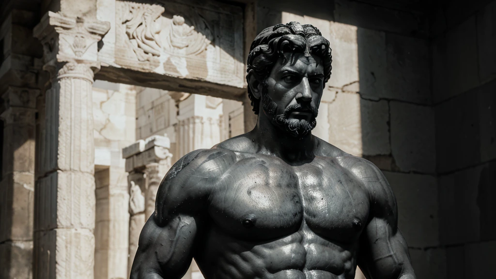 a portrait statue of the stoic Marcus Aurelius in black and white 4K, Super realistic ANCIENT GREEK RUINS, fully body, corpo stark, brawny, stark, wearing no shirt, tronco stark, stark, wearing no shirt, strong arms, 8K, ultra realisitic, cinematographic