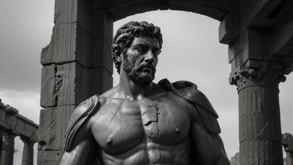 a portrait statue of the stoic Marcus Aurelius in black and white 4K, Super realistic ANCIENT GREEK RUINS, fully body, corpo stark, brawny, stark, wearing no shirt, tronco stark, stark, wearing no shirt, strong arms, 8K, ultra realisitic, cinematographic