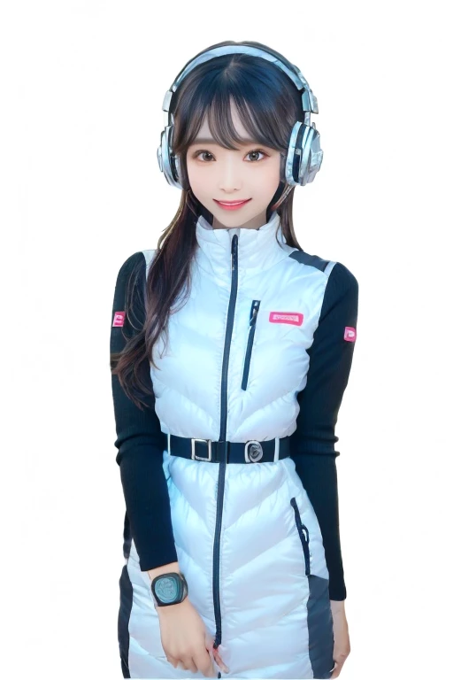masterpiece, Highest quality, Very detailed, 8K Portrait,Japanese Android Girl,plump , Control panel,Robotic arms and legs, Blunt bangs,,break (Metallic Gray, Metallic luster, Mirror finish, Astro Best):5,headphone:5,break (Black sleeves):100,Smart Watches,Futuristic space station,Control Room,break headphone,blue eyes,(Black Hair):2,(Long Hair):1.3,Displaying the viewer,(respirator),break blush:3,Hidden Hand,smile