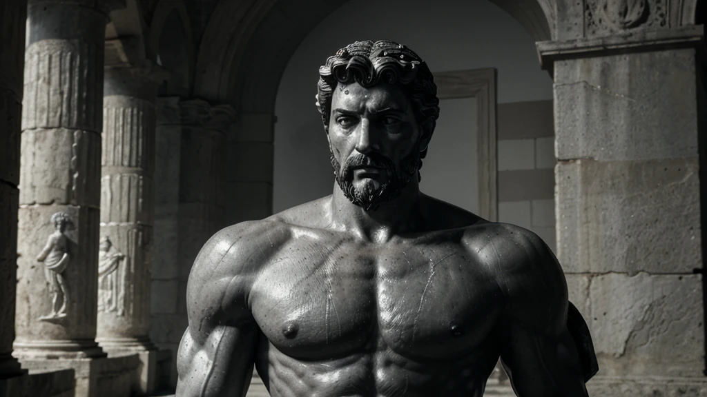 a portrait statue of the stoic Marcus Aurelius in black and white 4K, Super realistic ANCIENT GREEK RUINS, fully body, corpo stark, brawny, stark, wearing no shirt, tronco stark, stark, wearing no shirt, strong arms, 8K, ultra realisitic, cinematographic