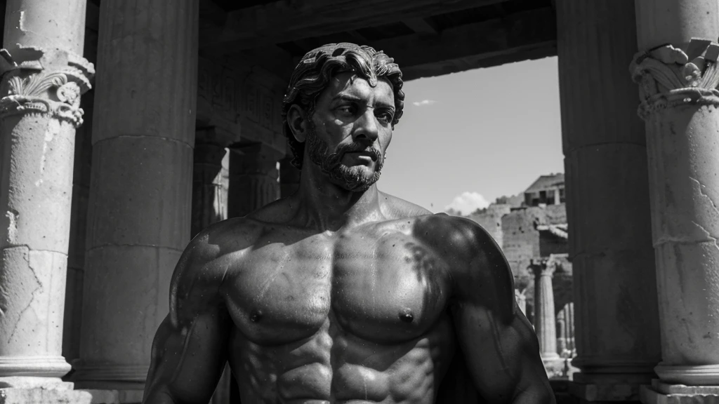 a portrait statue of the stoic Marcus Aurelius in black and white 4K, Super realistic ANCIENT GREEK RUINS, fully body, corpo stark, brawny, stark, wearing no shirt, tronco stark, stark, wearing no shirt, strong arms, 8K, ultra realisitic, cinematographic
