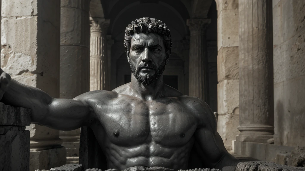 a portrait statue of the stoic Marcus Aurelius in black and white 4K, Super realistic ANCIENT GREEK RUINS, fully body, corpo stark, brawny, stark, wearing no shirt, tronco stark, stark, wearing no shirt, strong arms, 8K, ultra realisitic, cinematographic