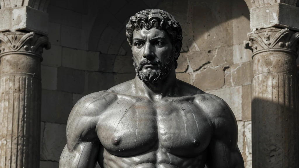 a portrait statue of the stoic Marcus Aurelius in black and white 4K, Super realistic ANCIENT GREEK RUINS, fully body, corpo stark, brawny, stark, wearing no shirt, tronco stark, stark, wearing no shirt, strong arms, 8K, ultra realisitic, cinematographic