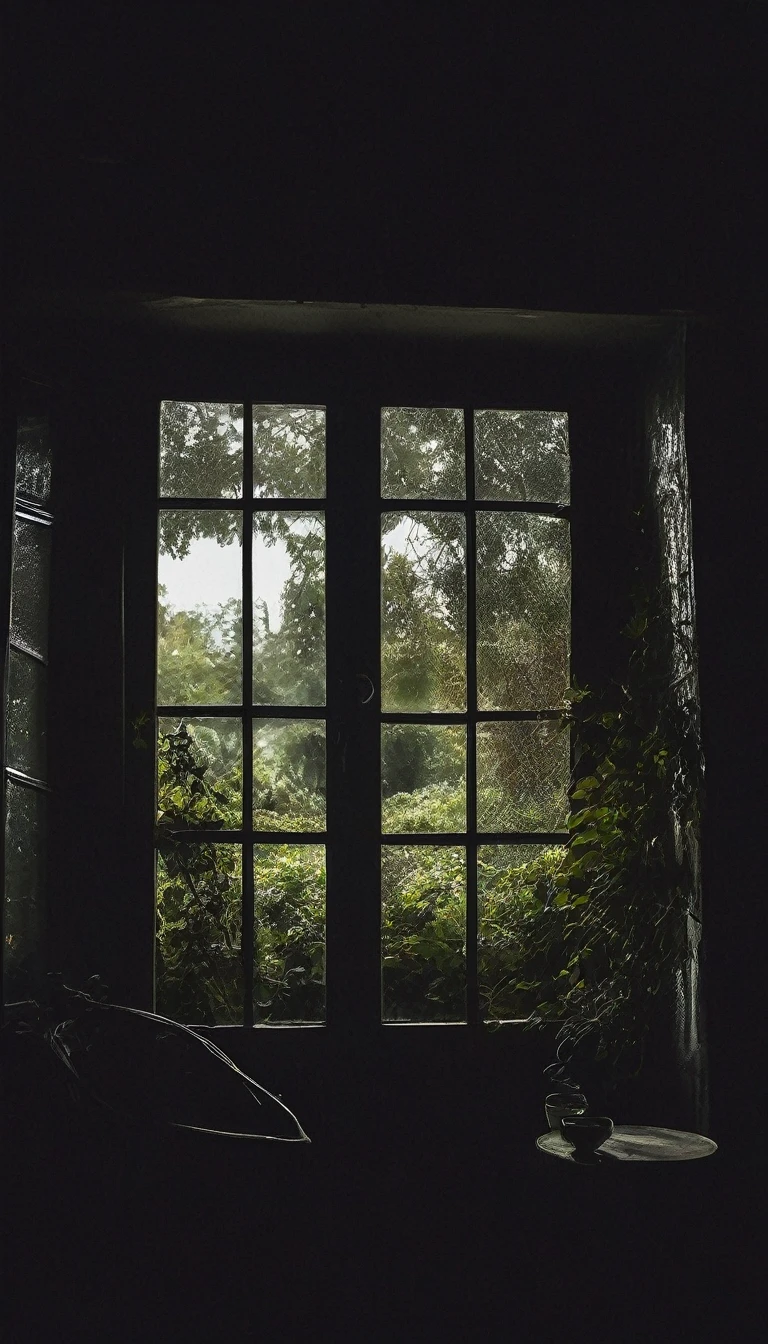 A night view through the window of an isolated house, where the blurred silhouette of the White Lady is visible in the garden, giving a feeling of foreboding and menace.