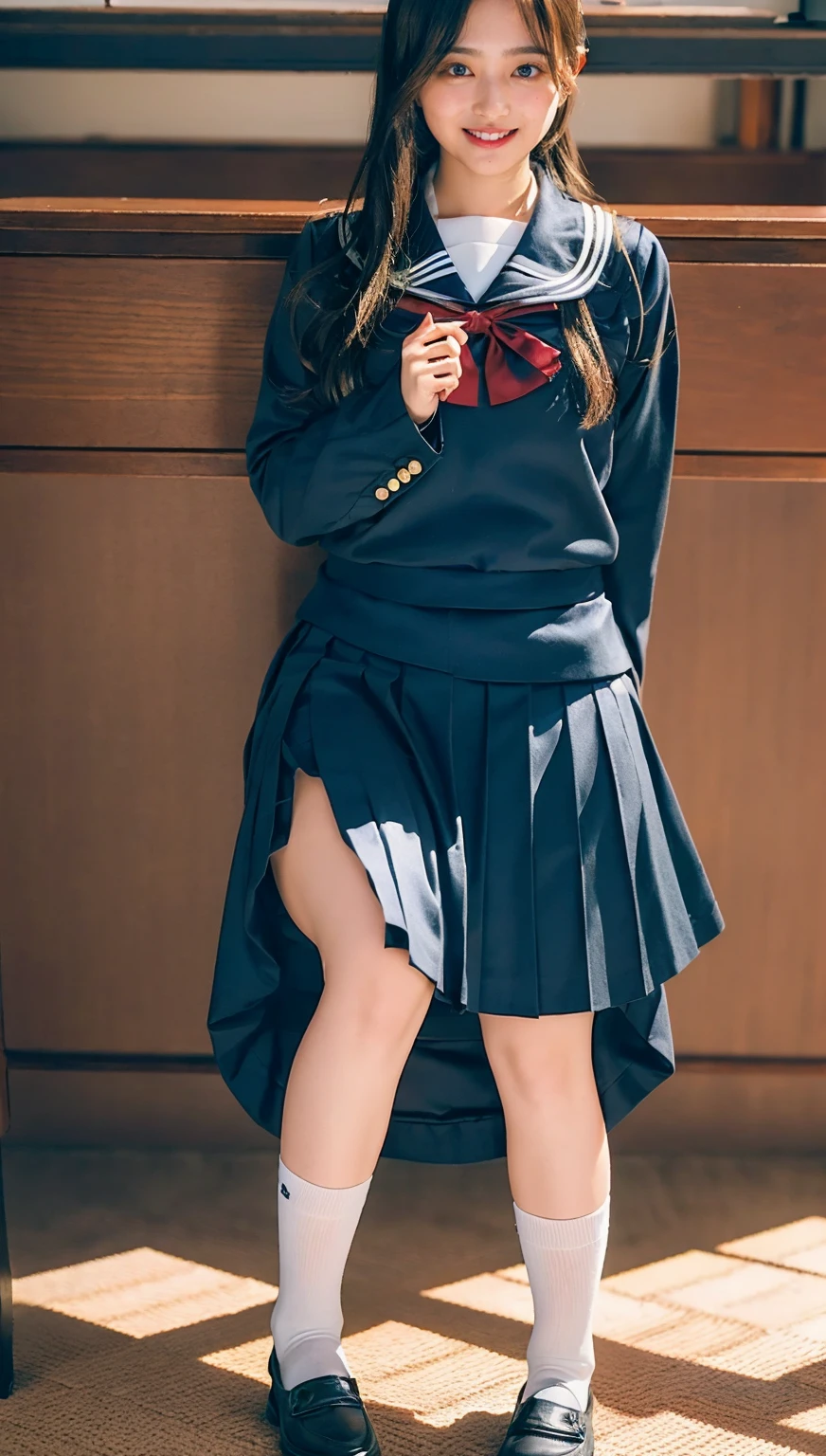 ((highest quality、8k、masterpiece:1.3)),((((fullbody shot)))),Ultra-high resolution,big eyes,Japanese,bangs,(a girl),(1 girl),((20 years old)),((facing at viewer)),(long hair),(((black sailor uniform))),grin,((sitting on chair)),((skirt lift))