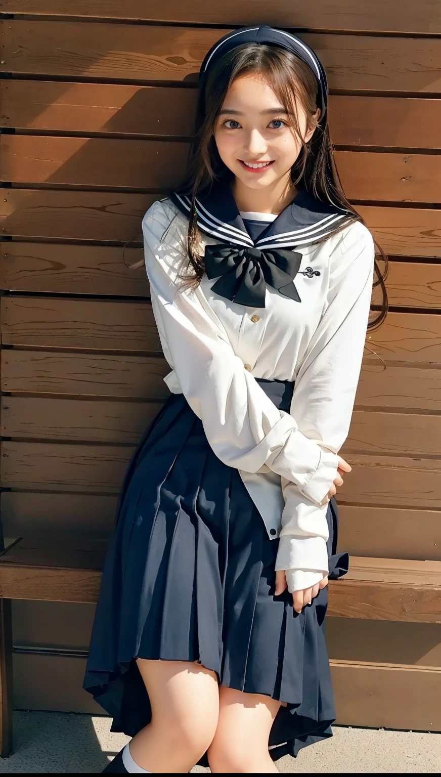 ((highest quality、8k、masterpiece:1.3)),((((fullbody shot)))),Ultra-high resolution,big eyes,Japanese,bangs,(a girl),(1 girl),((20 years old)),((facing at viewer)),(long hair),(((black sailor uniform))),grin,((sitting on chair)),((skirt lift))