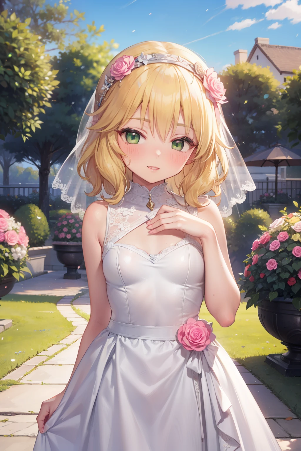 masterpiece,best quality, ultra-detailed,1girl(sakurai momoka, lovely small breasts, wavy hair, blonde hair, headband, pink flower in hair,green eyes), a  face in love,  lovely smile, parted lips, glow lips, nose blush, blush, facing viewer , looking at viewer, head tilt, solo,  white wedding dress,  ornate dress, frill, veil,  bouquet grab,  in the garden, standing, Sexy waist teasing 