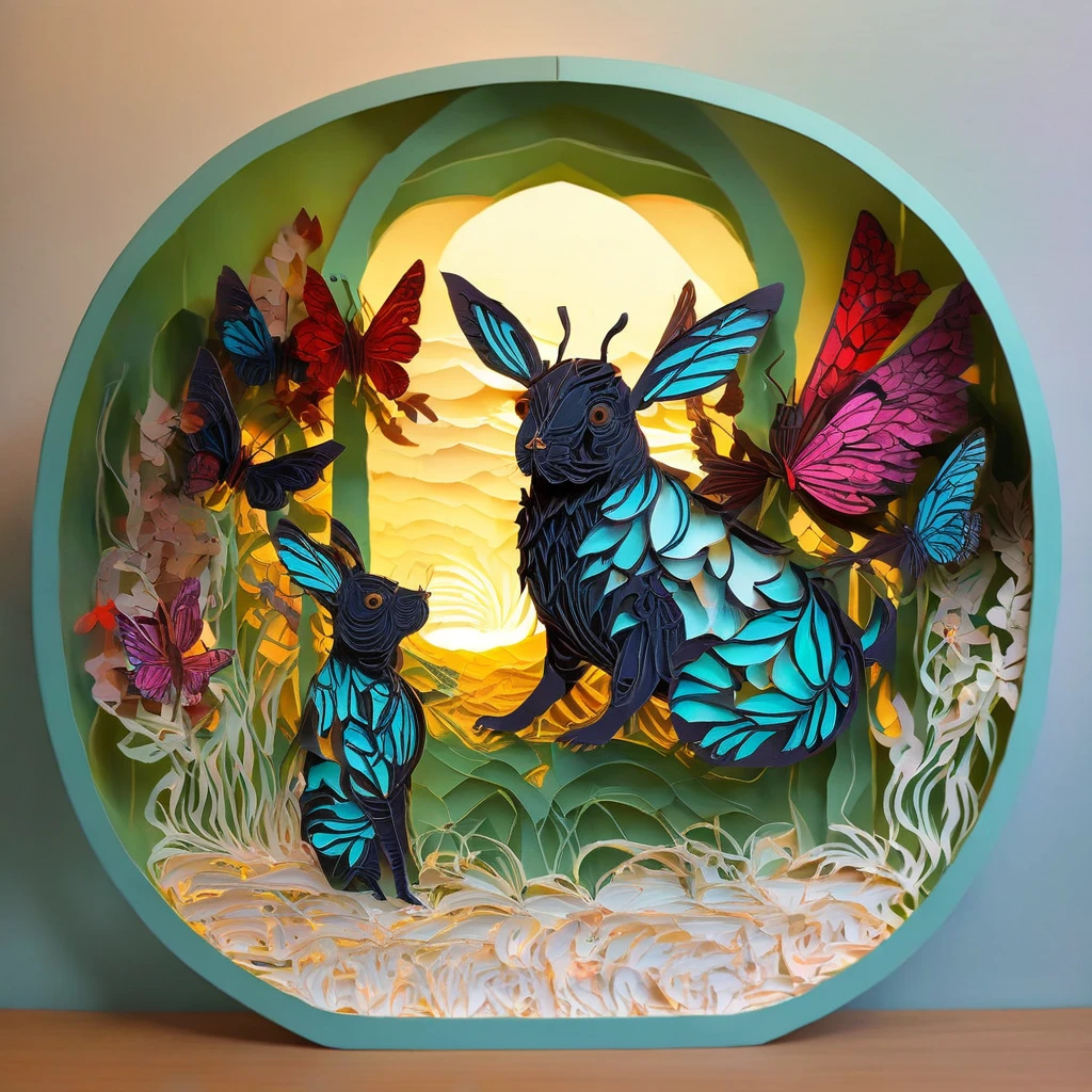 papercut, Conrad Roset, breathtaking artwork Epic wide angle illustration of butterfly made out of (opalescent irradiance:1.25) and colorful energy, vibrant, highly detailed, papercut, in a circle frame