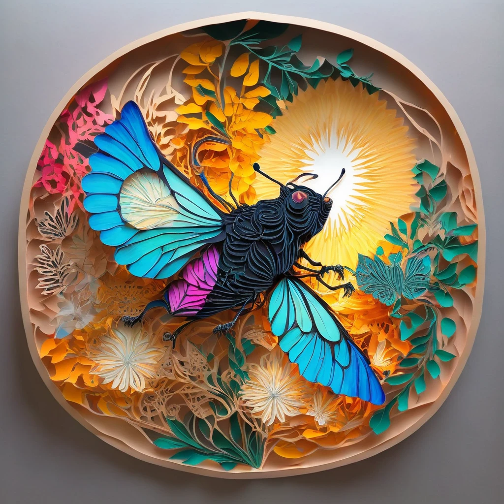 papercut, Conrad Roset, breathtaking artwork Epic wide angle illustration of butterfly made out of (opalescent irradiance:1.25) and colorful energy, vibrant, highly detailed,  papercut, in a circle frame