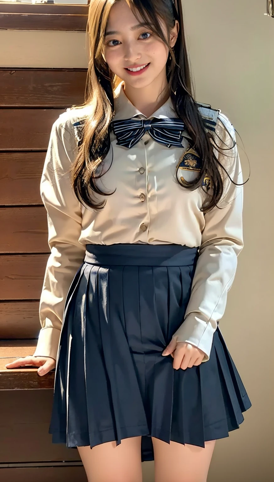 ((highest quality、8k、masterpiece:1.3)),((((cowboy shot)))),Ultra-high resolution,big eyes,Japanese,bangs,(a girl),(1 girl),20 years old,((facing at viewer)),(long hair),(((black sailor uniform))),grin,((standing)),(pleated mini skirt),((pussy)),((skirt lift))