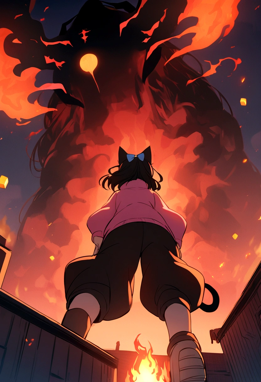 an anime girl eyes with a black iris and red pupils, black hair with pink highlights with small hair bow with small blue and yellow cubes decoration on the bow, on the right side of the head. She wears a pink sweatshirt that is too big for her and small black sweatpants.. She has a red aura of flames that surrounds her violently.. Two black flames emerge from his head that take the shape of cat ears and two flame-shaped tails emerge from his back.. She is on top of a building with the moon behind