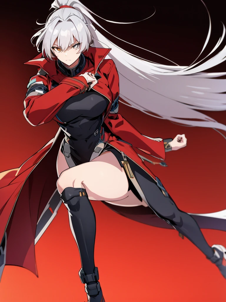 Tall, slim, She has long grey hair tied back in an enormous, messy ponytail that reaches down to her thighs, some of her hair is covering one of her eyes, She wears a red jacket over a light red full-body suit, golden eyes