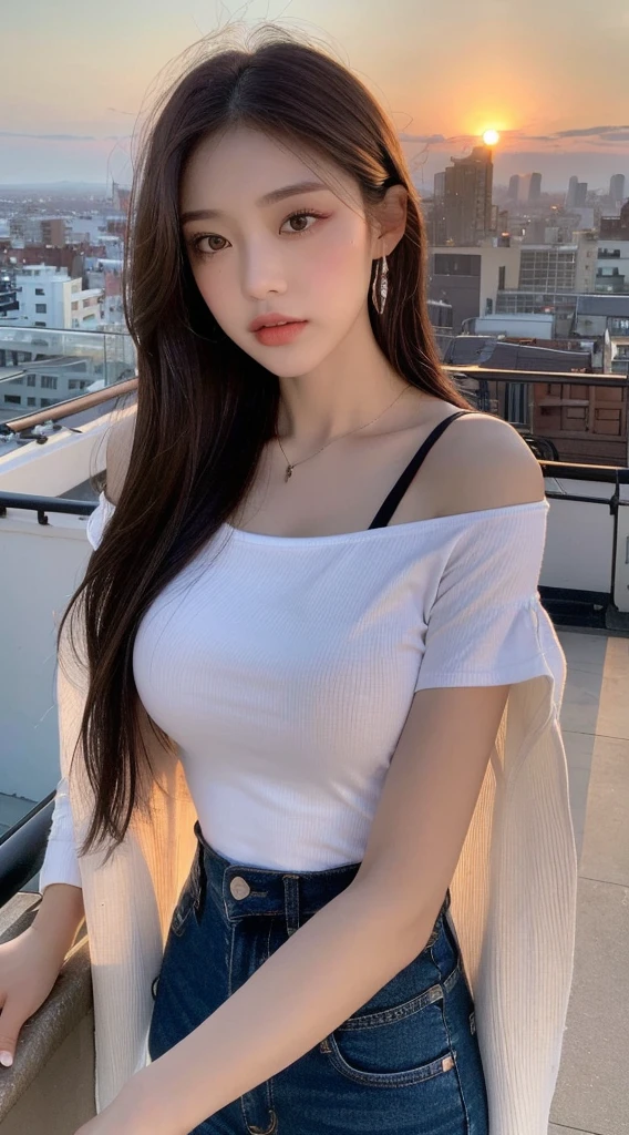 ((Midnight, Best quality, 8k, Masterpiece :1.3)), Whole body, Long legs, Sharp focus :1.2, A pretty woman with perfect figure :1.4, Slender abs :1.1, ((Dark brown hair, Big breasts :1.2)), (White tight tshirt, Jean bib, Standing:1.2), ((Night city view, Rooftop:1.3)), Highly detailed face and skin texture, Detailed eyes, Double eyelid, sunset, darken, backlit, off shoulder