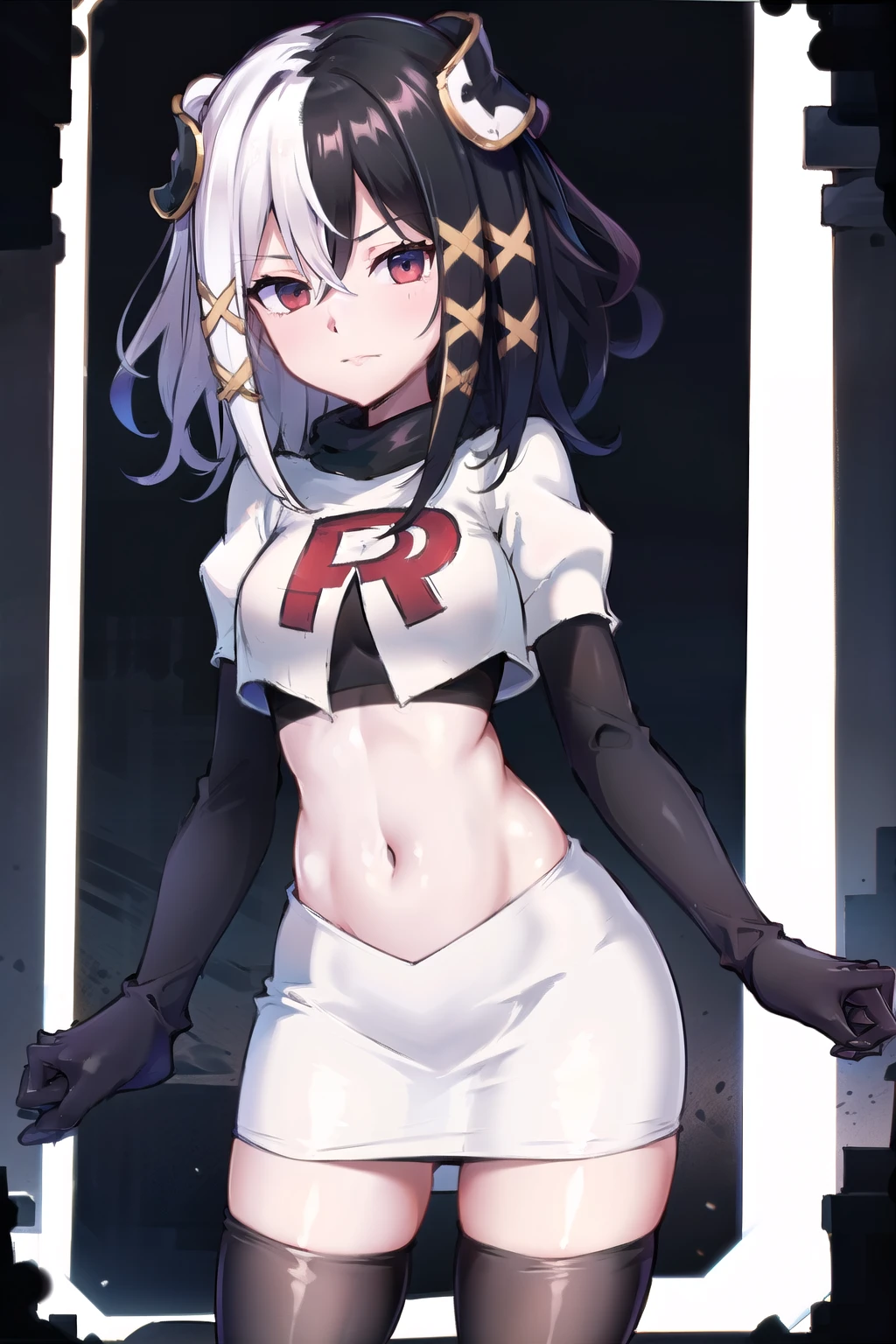 zesshi zetsumei, 1girl,solo, team rocket,team rocket uniform,white skirt,red letter R,crop top,black thigh-highs,black elbow gloves