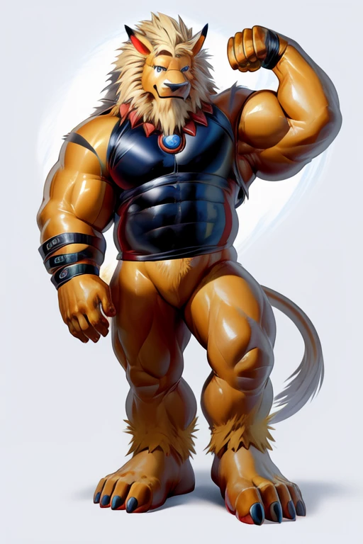 leomon, white eyes,yellow body, (pose:1.3), (posing:1.3), (soft shading), 4k, hi res, five fingers, detailed hands, ((detailed face, (detailed eyes:1.3), detailed)), (full body focus),(by takahirosi:1.5), solo, looking at viewer, 1boy,white background, standing,((bottomless)), male focus, abs, bicepsm,legs,feet, flexing, smile,