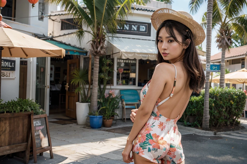 [[((young attractive Asian woman:1.6)), ((Sophie Tan:1.5)), standing on a sunlit street in a tropical coastal town, with her back to the camera. She is wearing ((a tight, short tropical romper with a floral pattern:1.4)), paired with a wide-brimmed hat. Her hair is styled in loose waves under the hat, and she has a seductive, serene gaze over her shoulder. The background features seaside cafes, palm trees, and the ocean in the distance. The scene is captured with a ((full-frame DSLR:1.4)) using a ((35mm prime lens:1.4)) to keep Sophie in sharp focus while the background is slightly blurred. Post-production enhances the vibrant colors and adds a ((soft bokeh effect:1.3)) to the background. The image should be in ((8K resolution:1.5)) with ((hyper-realistic detail:1.6)). The backdrop highlights the sunlit street setting with detailed textures of cafes and palm trees. The focus is on Sophie's chic tropical romper and wide-brimmed hat, along with her seductive, serene gaze, capturing the essence of street chic fashion. The overall composition is designed to evoke a sense of relaxation and style, making it a captivating feature image for any publication.]]