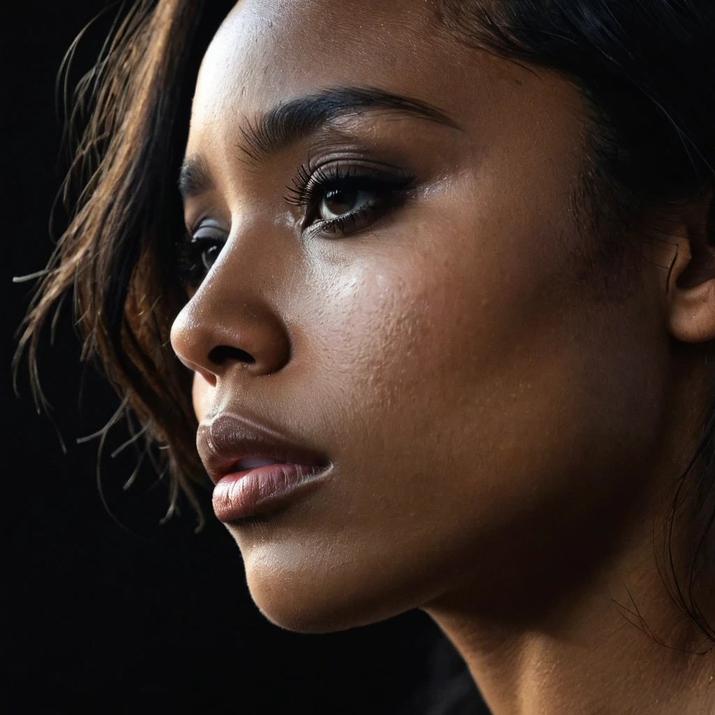 close up and zoomed in on a beautiful depressed very sad emotional sad crying black girl and a black background, sad, depressed, emotional, close up on side profile only showing cheek and eyelight falling on face, noir photorealism, mysterious portrait of a woman, chiaroscuro portrait, close up on side profile, tinashe, zoe kravitz, zoomed in on tear drop, euphoria vibes, black and white, dark